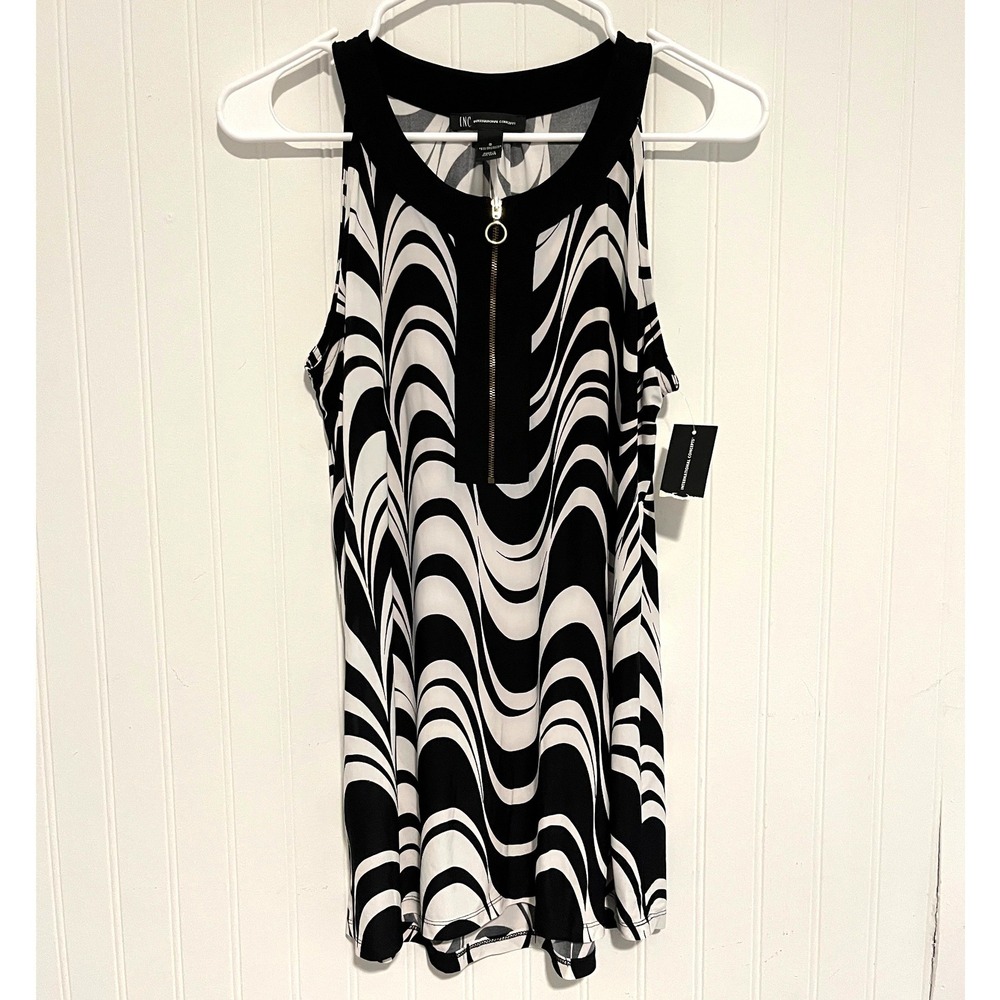 INC International Concepts Blouse Women Small Black White NWT Swirl Quarter Zip